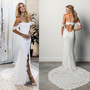 2020 Sexig Off Shoulder Lace Mermaid Bröllopsklänning Strapless High Splits Open Back Ärmlös Lång Beach Bröllopsklänningar Vestido de Novia