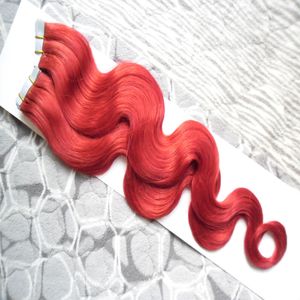 16" 18" 20" 22" 24" Machine Made Remy Tape Hair Human Extensions 40pcs Red Body Wave Skin Weft Hair On Adhesive Seamless Hair 100g