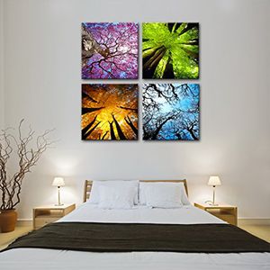 4 Panels Four Seasons Tree Canvas Painting Wall Art For Home Decoration Ready to Hang with Wooden Framed Landscape Print on Canvas