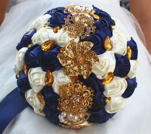 Fashion Navy And Cream Flowers Wedding Bouquets With Gold Crystal Rhinestones High Quality 2022 New Designer Stunning For Wedding Bridal