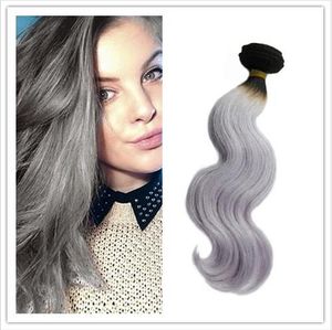 Ombre Grey Hairt1b / Silver 7a + Nieprzetworzone Dziewiczy Brazylijski Body Wave Włosy Włosy, Bez Kropla, Plątanina Wolny, Podwójny wątek