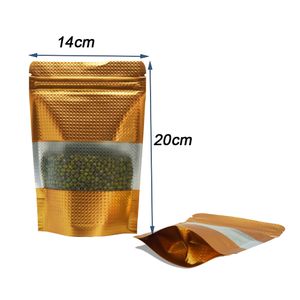 14x20cm Doypack Goldgeprägter Zip-Lock-Beutel 50 Stück/Los Stand Up Aluminiumfolie Reißverschluss-Verpackungsbeutel mit mattem, durchsichtigem Kunststofffenster