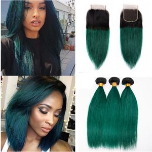 Dark Root #1B/Green Ombre Virgin Indian Human Hair 3 Bundles Deals with 4x4 Lace Closure 4Pcs Lot Silky Straight Dark Green Hair