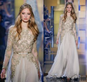 Elie saab prom klänningar elfenben chiffong juvel nacke golv längd långärmad spets approps elegant afton klänning pärlstav formella festklänningar