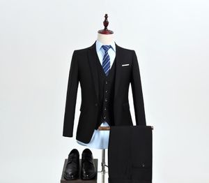 Skräddarsy Black Groom Tuxedos Högkvalitativ Man Blazer One Button Center Vent Män Business Dinner Prom Suit (Jacka + Byxor + Tie + Vest) 915