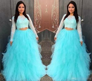 Two Piece Blue Quinceanera Dresses Sheer Neck Lace And Tulle Two Pieces Dresses Evening Wear A Line Teens Formal Wear Long Sleeve Prom Dress