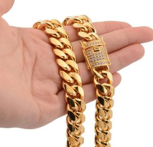 14mm Men Cuban Miami Link Chain 18k Yellow Gold Stainless Steel Lad Diamond Clasp Necklace 24"