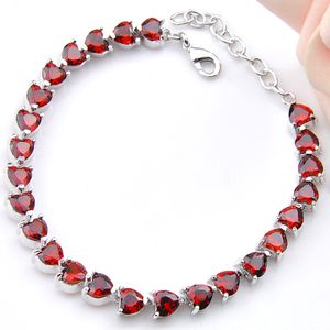 Acoplamento do casamento Lady Jóias Red Garnet Gemstone em forma de coração 925 de prata presente do Xmas Tênis Zircon Pulseiras de 8 polegadas