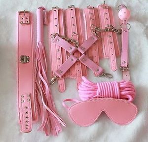 Bondage rosa 8pc Bondage Kit de fetiche de sexo colarinho de colarinho de corda máscara de bola #r98