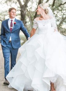 Elegante manica corta 2020 abito da ballo in pizzo abiti da sposa scollo a barca organza volant appliques abito da sposa vestido de noiva