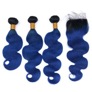 Tesse per capelli umani brasiliani vergini neri e blu scuro con chiusura in pizzo 4x4 onda del corpo # 1B / ombre blu 3 pacchi con chiusura superiore