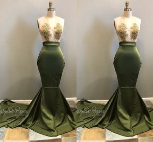 Olive Green Mermaid Prom Klänningar V Nacke Illusion Bodice Appliques Beading Satin Sexig Evening Dresses Party Gowns Sweep Train