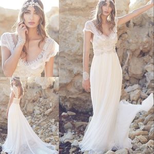 Sparkly Lace Bohemian Beach Wedding Gowns Silk Chiffon Bling Beaded Crystal Cap Sleeve Boho Ivory Bridal Dress Vestido De Novia
