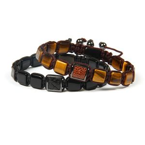 Mens Charm Bracelet Atacado 10 pçs / lote Natural Black Onyx Olho de Tigre Pedra Quadrada Com Genuine Pulseiras Macrame Quadrado De Couro De Arraia