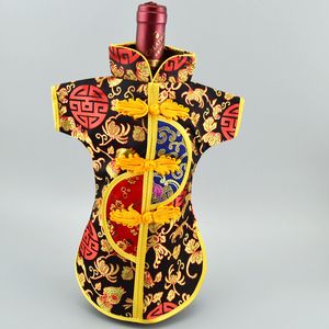 Vintage Kinesisk Silk Brocade Pouch Vinflaska Skydd Dammsugare Hem Party Table Dekoration Etniska Hantverk Flaskförpackning Väskor 10st / Lot Fit 750ml