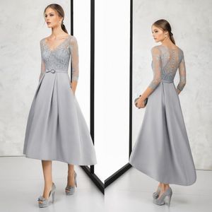 Elegant Silver Mother Of the Bride Dresses V Neck 3/4 Sleeves A Line Tea Length Wedding Guest Dress Prom Gowns