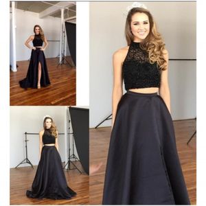 Beautiful 2 Piece Black Designs Prom Dresses High Neck Drops Top Beaded Front Slit Sweep Train Dresses Evening Wear Party Holiday Gown 2018