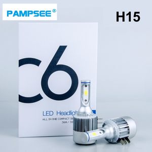 PAMPSEE 2PCS H15 Bil LED-lampa Lampa 6000LM Super Ljus COB LED-strålkastare Auto LED Headlamp Ersättning Canbus Fel Gratis för bilar Automobile