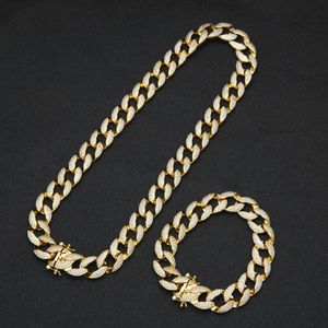 Mens Hip Hop Bling Jewelry Set Miami Cuban Link Chains Necklace Bracelet Iced Out Rock Ropper Punk Chain 1.5cm High Quality Full Copper Gold Silver
