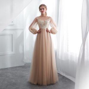 Storlek US2-US16 i lager Champagne Aftonklänningar med Applique Jewel Sheer Neck Long Hubble Sleeves Promoksor Back Zipper Golvlängdsklänning