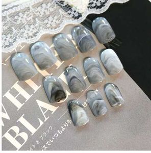 24Pcs Set Grey Marble Design Lady Nails Acrylic Full False Nail Tips Nail Art Fake Nails Tools + Duo Side Sticker Z141