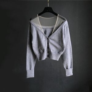 European autumn New design women's sexy v-neck gauze mesh patchwork perspective single breasted long sleeve short knitted sweater cardigan