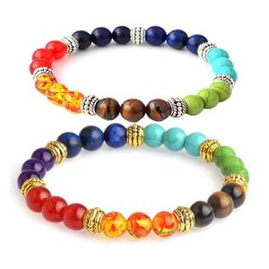 8 mm pärlor herrarmband strand 7 chakra helande reiki bön natursten charm armband balans yoga armband mode smycken 162110