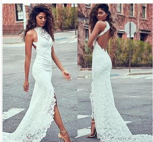 Sexy Beach Wedding Dress Middle Slit Keyhole Back Lace Bodice Boho Wedding Gowns Sheer Neck Sweep Train Cheap Bridal Dress For Women Long