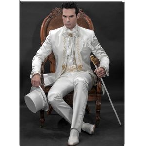 Abito da sposo da uomo firmato Abito da sposo bianco da sposa ricamato in pizzo dorato personalizzato (giacca + pantaloni + cintura)