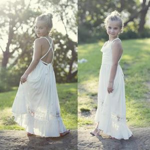 Bohemian Country Style Flower Girls Dresses Spaghetti Straps Criss Cross Backless Chiffon Kids Formal Gowns for Beach Wedding Party