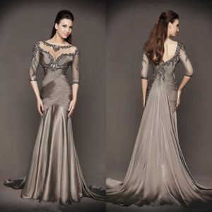 Designer Grey Mermaid Mother of The Bride Dresses 3/4 Long Sleeve Lace Appliqued Beads Pleats Wedding Guest Dresses