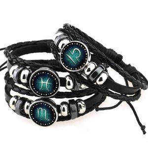 Costellazione Zodiaco Barcelet Tessuto Multistrato Braccialetti avvolgenti Polsino Pulsanti per donna Uomo Gioielli cabochon in vetro