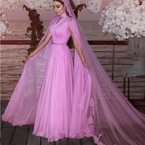 Romantik Pembe Gelinlik Yüksek Boyun Kolsuz A-Line Kat-Uzunluk Geri Fermuar Custom Made Gelin Törenlerinde Uzun Peçe Ile Yeni Geliyor