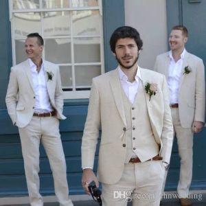 Neueste Mantelhosen-Designs Elfenbein Beige Strand Leinen Herrenanzüge 2019 Hochzeitsanzug Bestmen Sommer Hochzeit Bräutigam Smoking 3 Stück (Jacke + Hose)