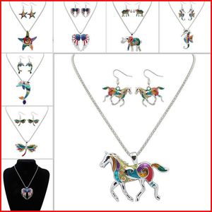 Enamel Horse Elephant Crab Starfish Necklace Earrings Jewelry Sets Pendants For Women Silver Plated Enamel Jewelry Gift Animals Necklaces