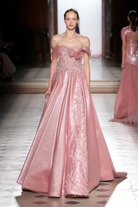 Tony Ward Evening Dresses Off Shoulder A Line Lace Appliques Beaded Sweep Train Pink Prom Dress Custom Made Formal Party Gowns