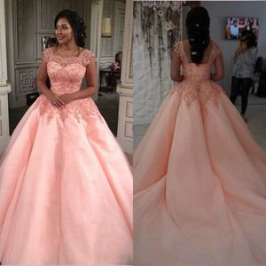 Alluring Pink Ball Gown Evening Dresses Appliques Lace Tulle Satin Corset Plus Size Long Prom Dresses