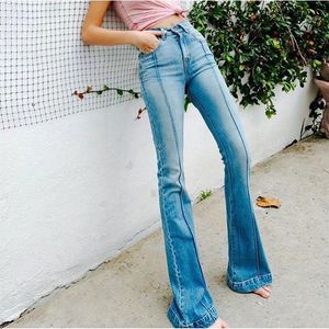 2018 New design women's high waist european style bodycon wide leg flare long pants denim jeans high elastic trousers S M L