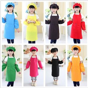 Christmas Gifts 3pcs/set Children Kitchen Waists 12 Colors Kids Aprons with Sleeve&Chef Hats for Painting Cooking Baking