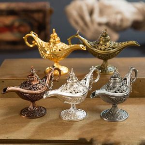 Excelente Conto de Fadas Aladdin Lâmpada Mágica Queimador de Incenso Vintage Retrô Bule de Chá Genie Lâmpada Aroma Pedra Ornamento para Casa Artesanato em Metal