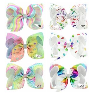 Rainbow Striped Dots Butterfly Print 6'' Grosgrain Ribbon Bows Rhinestone Waist With Clip For Kids Girl Hair Accessories 12pcs HD840