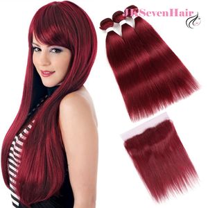 Natural Red Hair Weave großhandel-99J Gerade Brasilianisches Remy Jungfrau Menschliches Haar Bündel mit x4inch Spitze Frontal Dunkelrote Malaysische peruanische indische natürliche Weave FEFTS Hohe Qualität
