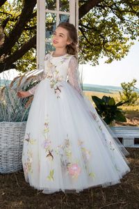 Nakış Çiçek Çiçek Kız Elbise Küçük Kızlar Tam Boy Jewel Neck için 2018 Uzun Kollu Dantel Beyaz ilk komünyonu Elbise