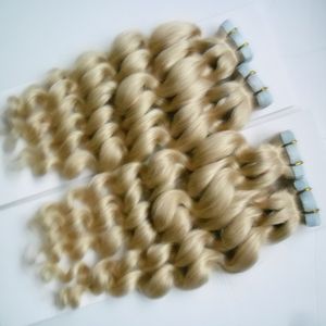 Fita de cabelo de fita de fita de onda solta 200g 100% real fita de cabelo humano remy em extensões de cabelo loira 80pcs extensões de fita de pele de pele