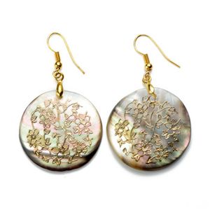 Gold Plated Floral Charm Round Black Shell Earrings for Ladies Unique Jewelry Handmade Woven Golden Wire