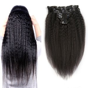 Natural Black Kinky Straight Clips em Extensões Brasileiras de Cabelo Humano 120g 8 Pçs / Set Grosse Yaki Clips Clips Máquina Made Remy