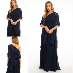 2022 Navy Blue Chiffon Long Mother of the Bride Dresses With Shawl Ruched Formal Dress For Mother Groom Gowns Evening Wear Plus Size Custom