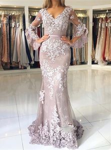 Stunning Appliqued Tulle Evening Long Dress Half Sleeve Vestidos de Festa Longo Mermaid Prom Lugnar Party Wear
