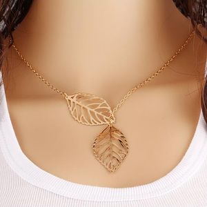 Fashion Simple 2 pieces Leaves Choker Necklace women Gold & Silver plated Hollow leaves Pendant Charm For Ladies Jewelry Gift