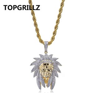 Mäns Bling Bling Iced Out Cubic Zircon Chief Necklace Pendant med 4mm Tennis Chain Hip Hop Gold Color CZ Smycken Gifts
